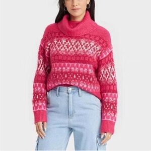 Free People Nordic Inspired Fair Isle Pink Turtleneck Sweater M